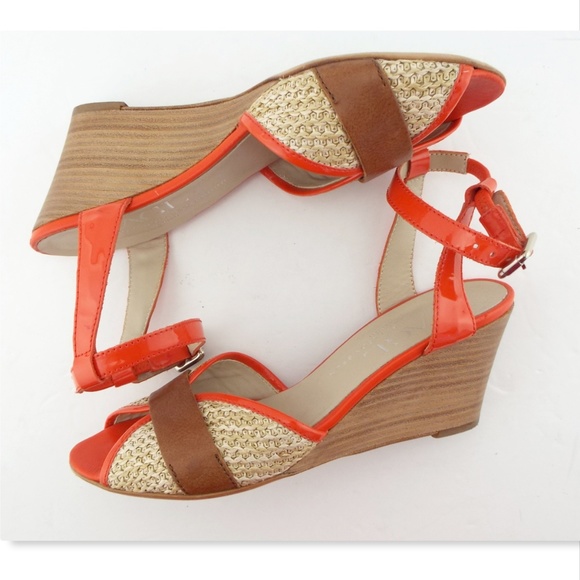 AGL Orange Patent Leather Raffia Wedge Sandals 38 - Picture 5 of 8